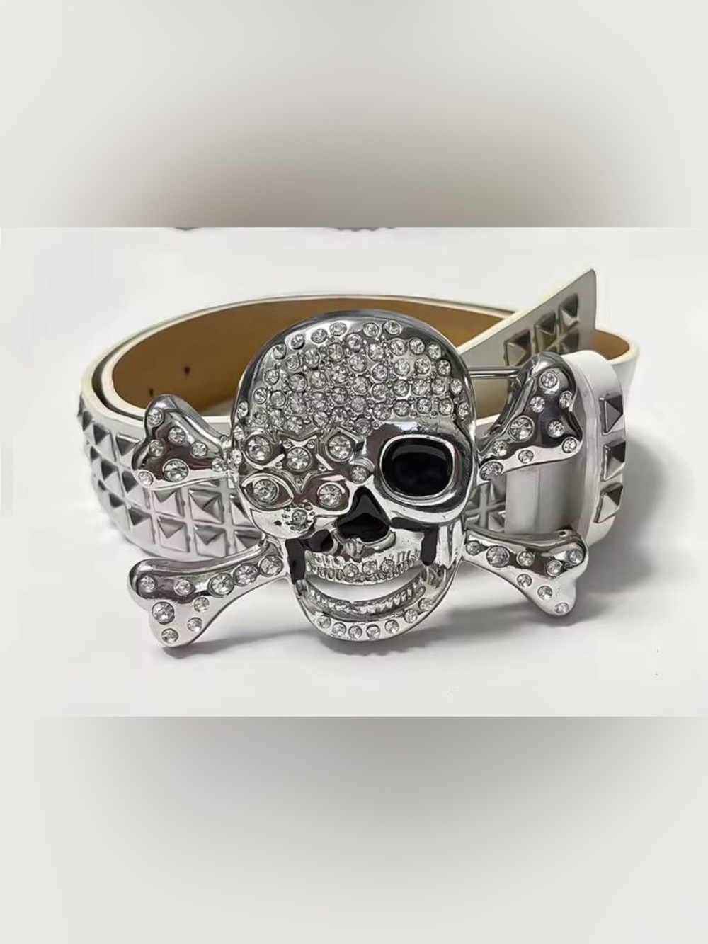 Studded Skull Buckle Belt - Black and White